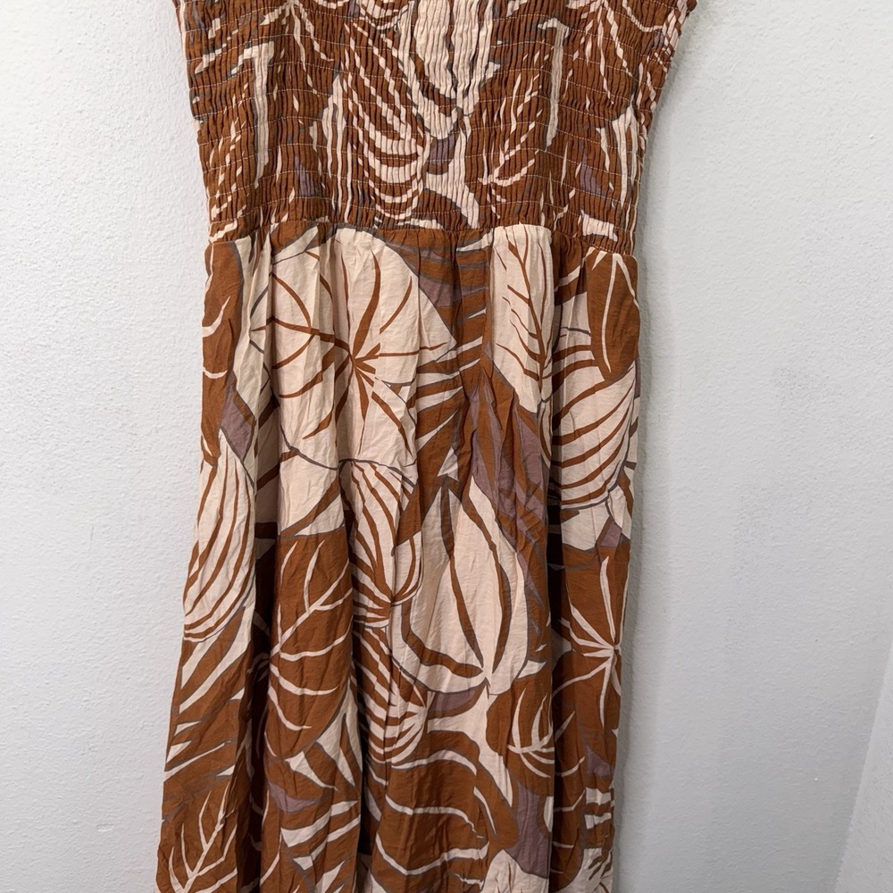 Baltic Born Dress 2XL Smocked Midi Tan Floral Formal Boho Tropical Flowy Stretch - Picture 3 of 10